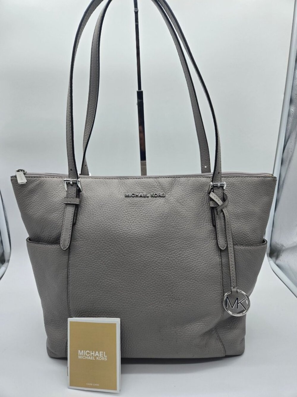 Michael Kors Jet Set Pearl Gray Pebbled Leather Tote Shoulder Bag